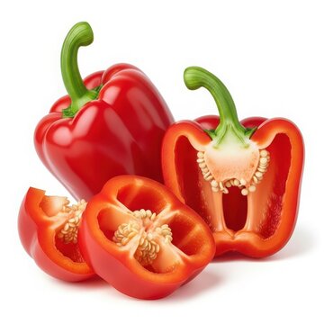 Fresh red bell peppers cut open showing seeds inside