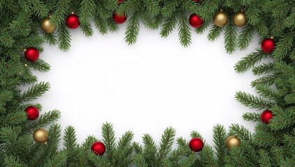 A vibrant green artificial fir border decorated with red and gold ornaments on a clean white background.