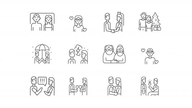 Romance line animation set. Family life animated icons. Relationship marriage. engagement proposal. Couple hugging. Outline elements on white background. HD video with alpha channel