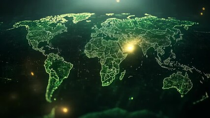 Glowing digital world map with network connections and data flow. - Powered by Adobe