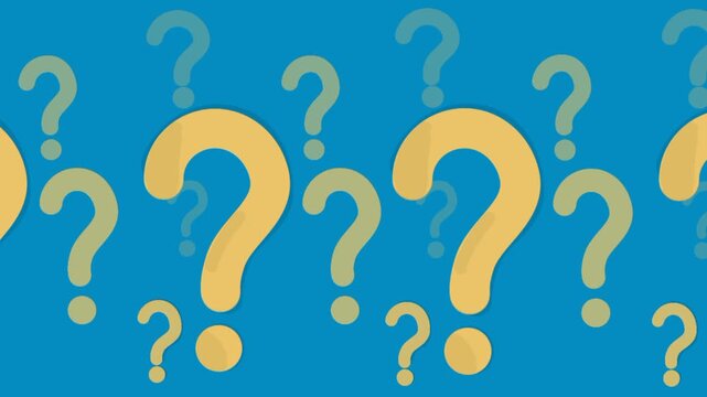 Animated yellow question marks moving horizontally on blue background. Curious thinking and inquiry theme. Smooth lateral motion.