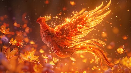 A whimsical reimagining of the phoenix rising from the ashes, its fiery wings transforming into blooming flowers 4K