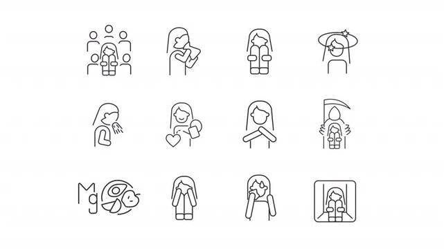 Panic attack line animation set. Mental health animated icons. Psychological illness symptoms. Social interaction, personal wellbeing. Outline elements on white background. HD video with alpha channel