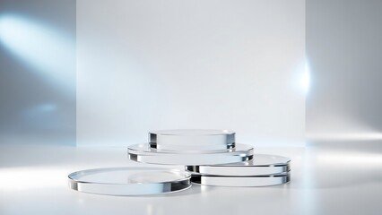 Futuristic glass podium with transparent cylindrical platforms, white studio background, high-end product display photography for modern tech branding