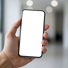 A person's hand holding a smart mobile phone with a blank screen display for business communication using wireless electronic cellular technology gadget mobility