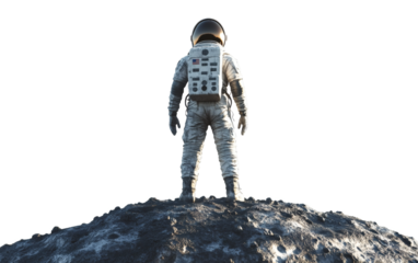Astronaut in white spacesuit standing on moon's surface, symbolizing exploration and discovery
