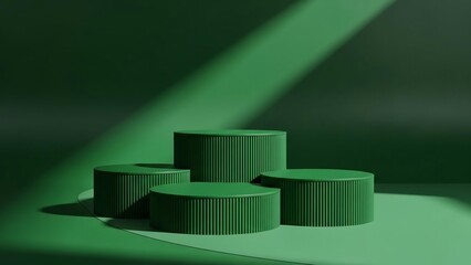 Bold emerald green podium with ribbed cylindrical platforms, monochrome stage and sculptural lighting, product display photography for luxury branding