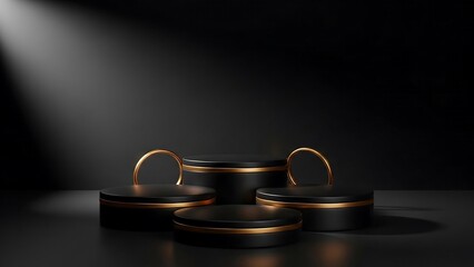 Dramatic black and gold podium with matte cylindrical platforms, spotlight lighting, luxury product display photography for premium branding