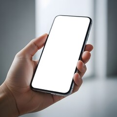 A woman holding a smart mobile phone with a blank digital touch screen display represents modern business communication technology and wireless device connectivity