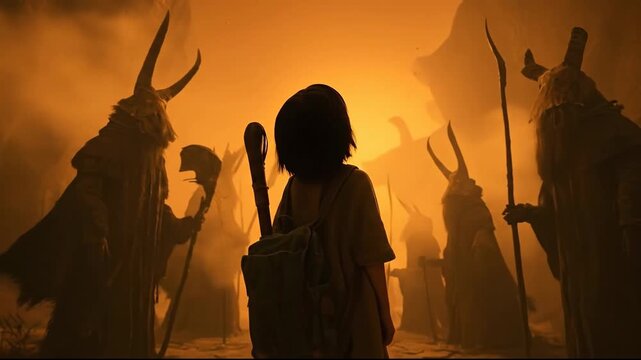 A child stands before mysterious figures in a mystical, eerie atmosphere.