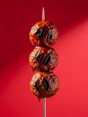 Glossy barbecue beef meatballs skewered vertically, bold crimson background, modern street-food photography for snack ads and contemporary branding