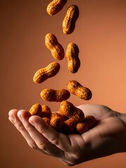 Spicy coated peanuts falling into cupped hand, warm terracotta background, dynamic snack photography for bold food ads and modern branding