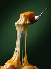 Gooey melted cheese pulled from potato bite with spoon, forest green background, indulgent snack photography for comfort food branding