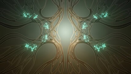 Glowing fractal pattern with branches and green lights.