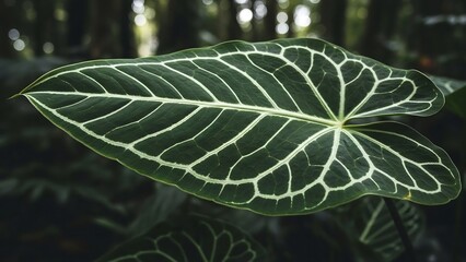 Collector-grade anthurium warocqueanum leaf stretched horizontally, cinematic rainforest daylight, premium botanical photography for luxury interior and plant collector branding