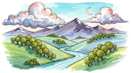 Whimsical watercolor landscape with majestic mountains, lush green hills, a winding river, and fluffy clouds under a crescent moon. Hand-drawn natur...