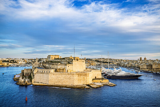 Fort St. Angelo, a bastioned fort located at the center of the Grand Harbour in Birgu, Malta.