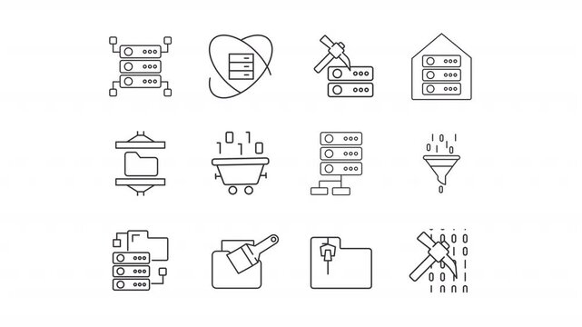 Data mining line animation set. Database organization animated icons. Information filtering, data center. IT infrastructure. Outline elements on white background. HD video with alpha channel