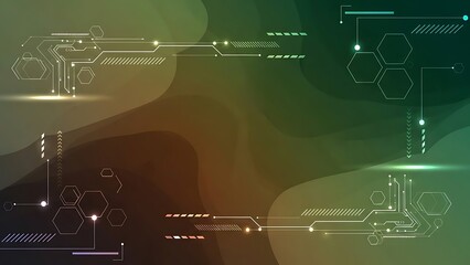 Futuristic circuit board design with abstract glowing lines and shapes in dark background.