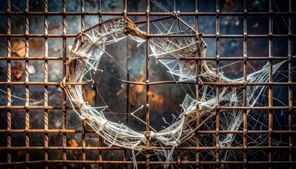 Rusted grid with jagged hole and thread web