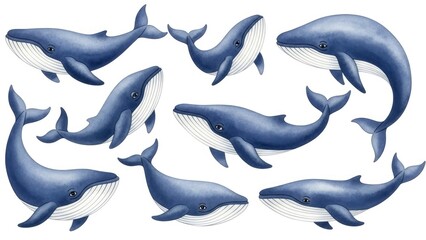 Obraz premium A charming collection of blue whale illustrations in various poses, featuring a whimsical watercolor texture on a clean white background.