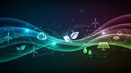 Futuristic digital wave with glowing neon lines and eco friendly icons.