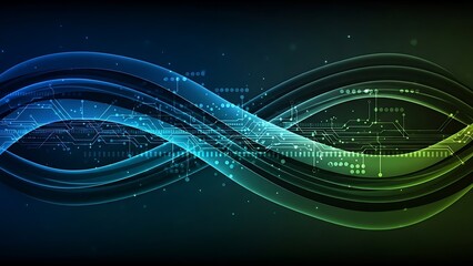 Abstract digital infinity loop with glowing blue and green circuitry patterns.