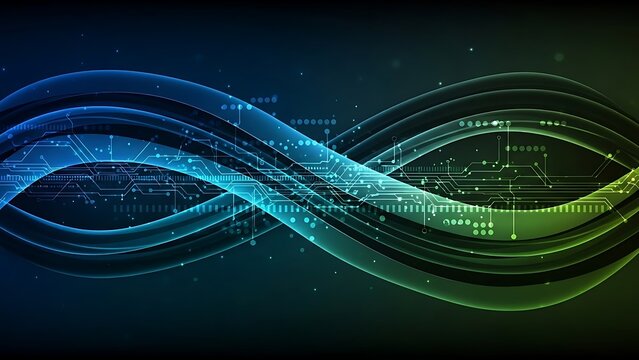 Abstract digital infinity loop with glowing blue and green circuitry patterns. - Powered by Adobe