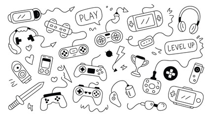 Hand drawn gaming devices and accessories including controllers, headphones, handheld consoles, and a sword on white