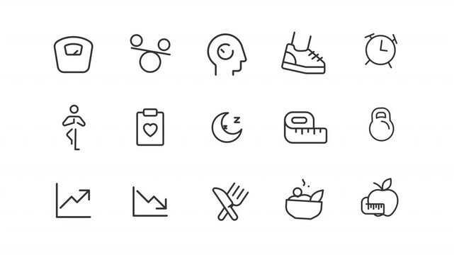 Wellness ui icons line animation set. Healthy lifestyle animated user interface elements isolated on white. Fitness activity, outdoor sport. Calories tracking. Alpha channel HD video