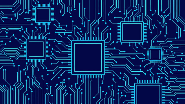 A high-tech digital pattern featuring a printed electronic circuit board with a powerful computer CPU processor chip representing modern hardware engineering and global communication technology connec