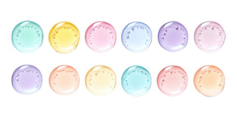 A visually appealing arrangement of colorful gel or liquid samples in pastel shades, ideal for beauty and cosmetic product showcases