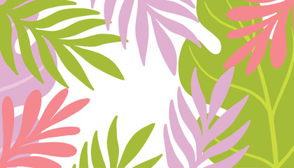 Autumn frame. Tropical leaves, foliage plant color with space background. Lettering poster with green and pink leafs. Monstera Leaves wallpaper. Palm leaf illustration. Exotic jungle plants. 