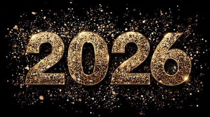 Festive 2026 New Year composition with bold metallic numbers, sparkling confetti, and elegant golden highlights