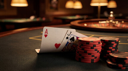 Ace of Hearts and Blackjack with Red and Black Poker Chips