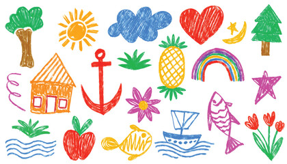 Children drawing images. Summer collection of little artists, high detail strokes with pen or crayon. Cute hand drawn kid doodle paintings. Elementary school level drawing. Vector illustration graphic