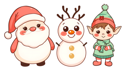 Festive cartoon Santa Claus, snowman, and elf on Transparent background