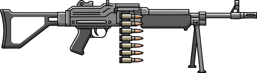 Obraz premium Cartoon machine gun with ammunition belt and bipod