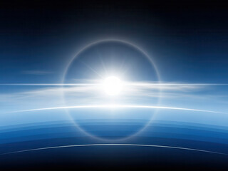 Bright sunrise over earth horizon seen from space with glowing atmospheric layers