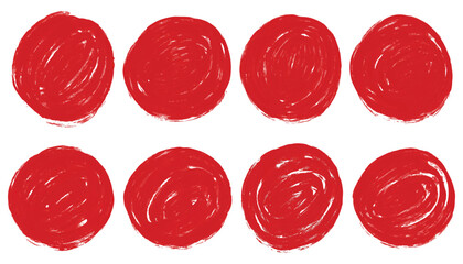 Set of eight hand-drawn doodle red circular brush strokes. Red grunge circles and dots shapes. Red crayon round brush painted circle banner. Collection for grunge badge, seal, ink and stamp design 