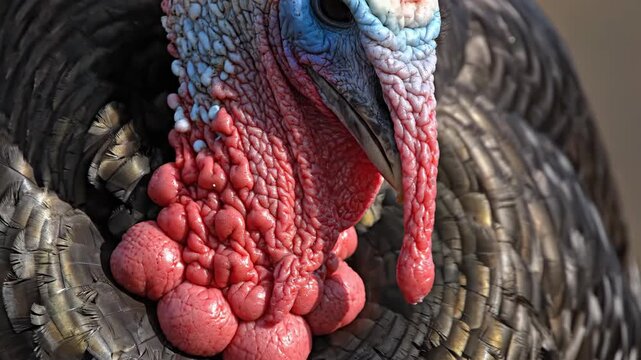 Intricate Closeup of a Turkey's Caruncles and Feathers Showcasing Vibrant Colors and Textures in Natural Sunlight
