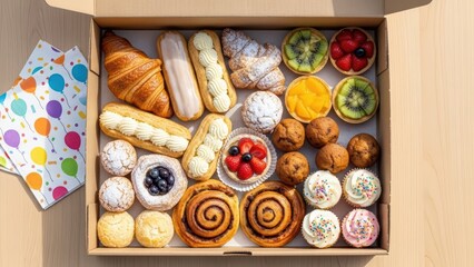 Assorted box of pastries and desserts with fruit tarts, cupcakes, croissants, and scones on wooden table