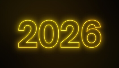 Illustration of abstract neon lights with the numbers 2026 in yellow over dark background - represents the new year - vacation concept.