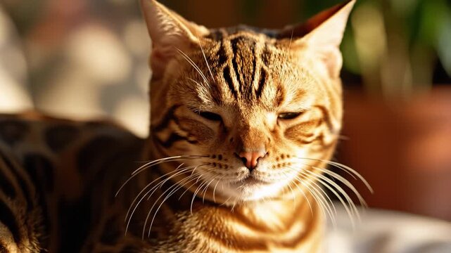 Bengal cat close whisker fur pattern golden sunlight indoor sleepy portrait, green eyes whisker closeup soft focus feline, golden fur whiskers soft light closeup relaxed domestic pet sharp pattern