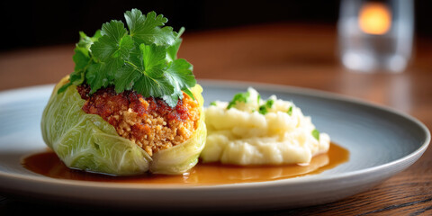 Savoy cabbage roulade stuffed with seasoned filling, served with mashed potato and brown sauce, garnished with fresh parsley