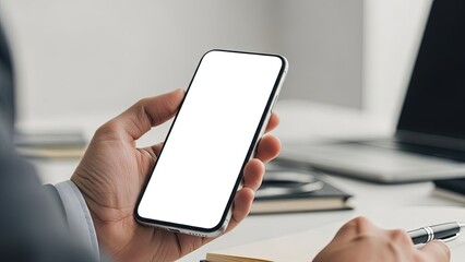 Phone Mockup with White Screen and Blurred Office Desk