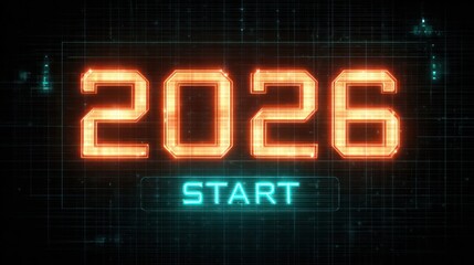 Virtual futuristic interface with glowing text showing 2026 and a clickable start button illuminated on a dark grid background