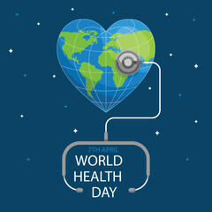 Fototapeta premium World Health Day illustration featuring heart-shaped globe and medical symbol, representing global healthcare, wellness awareness, and healthy living.