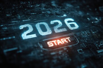 Virtual holographic panel displaying the year 2026 and a highlighted start button on a dark tech background