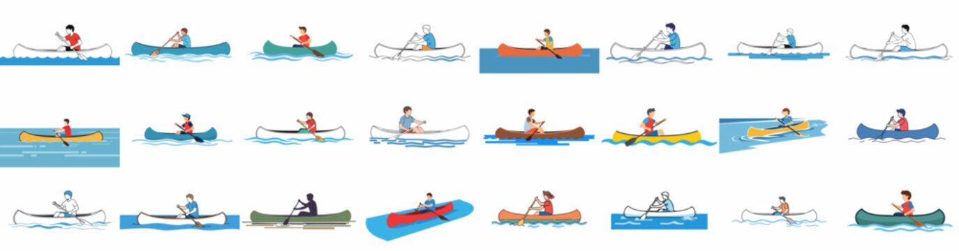 A diverse collection of vector illustrations showing men paddling canoes on water, featuring various graphic styles for outdoor sport and adventure activities.